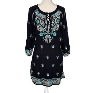 Tolani Celeste Embroidered Black Tunic Dress Women’s Size M Chiffon Tie Neck